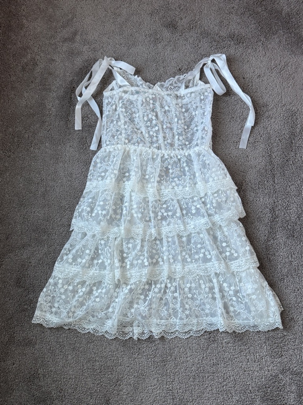 White Floral Lace Corset Mini Dress Sheer Ruffle Tie Strap SIZE L - Picture 5 of 6